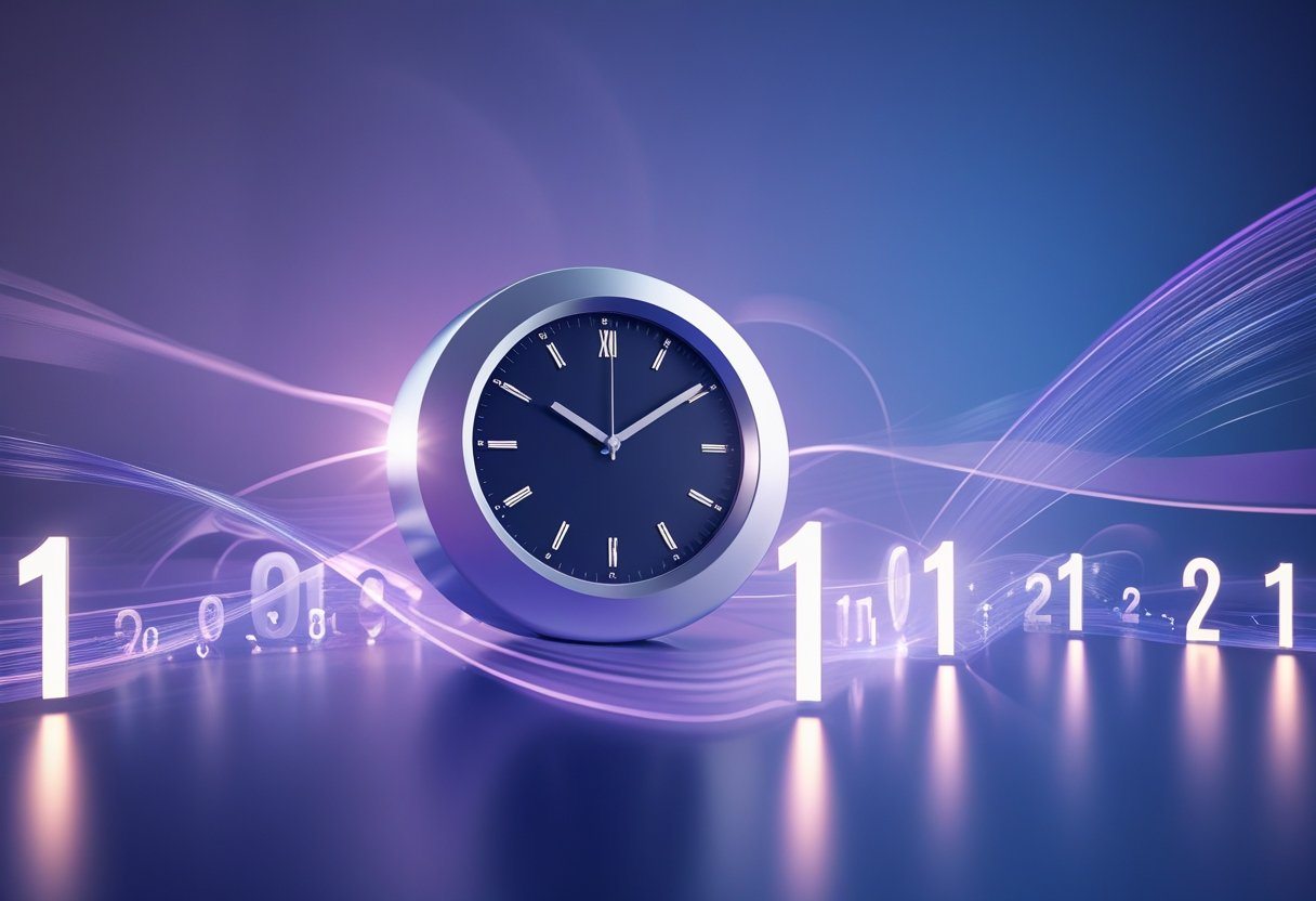 Relógio analógico moderno com números e trilhas de luz ao redor, simbolizando a passagem do tempo.