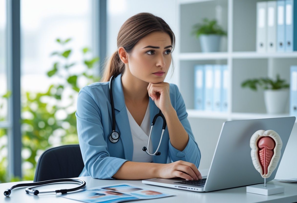 Mulher jovem pensativa sentada em uma mesa de escritório com um modelo anatômico de útero e materiais médicos.