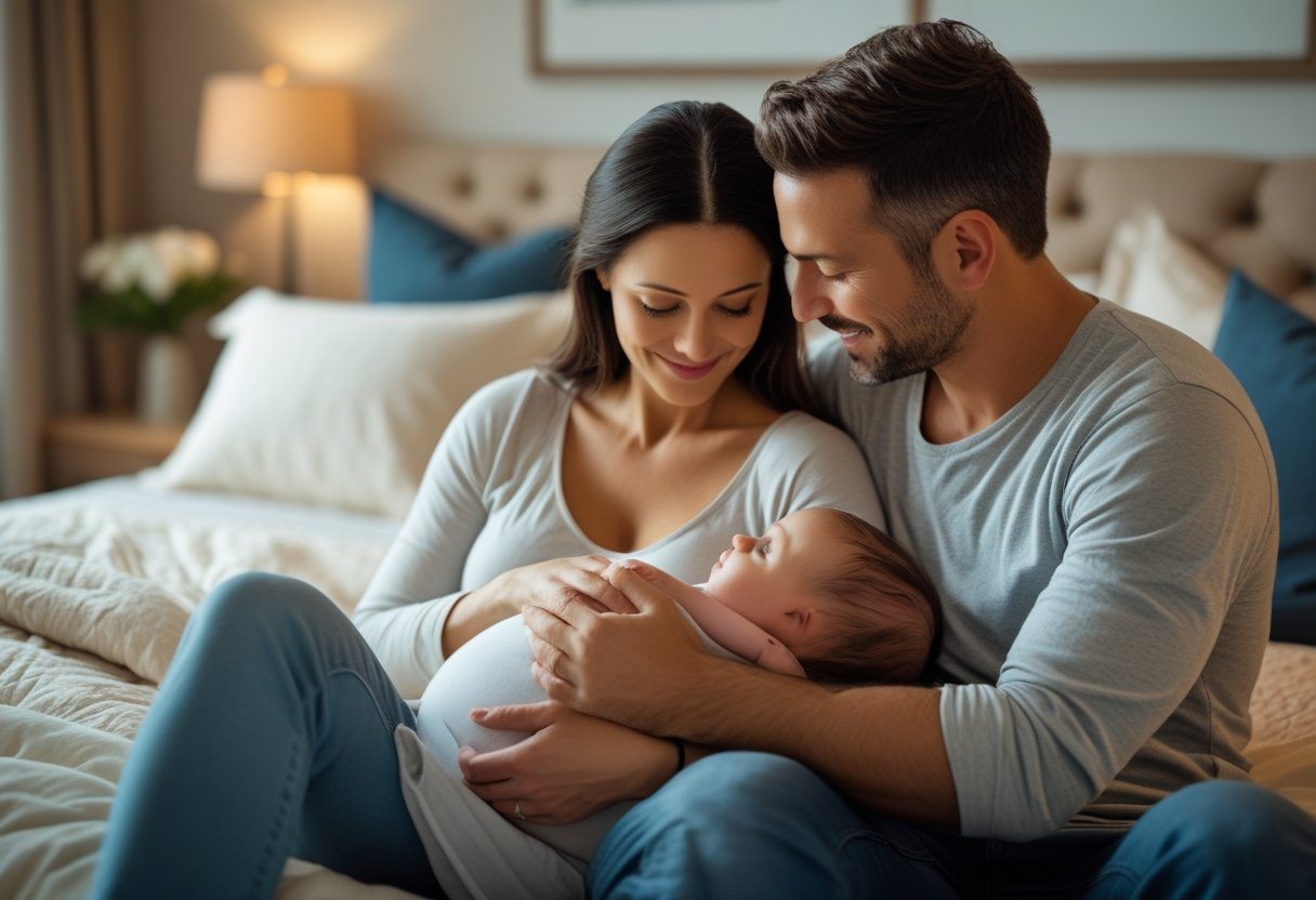 Casal em um quarto aconchegante, com a mulher amamentando o marido em um momento de carinho e intimidade.