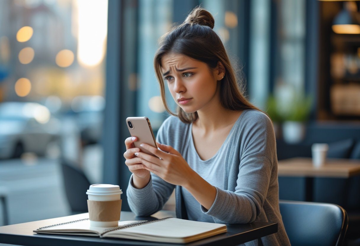Mulher sentada sozinha em um café olhando para o celular com expressão pensativa e preocupada.