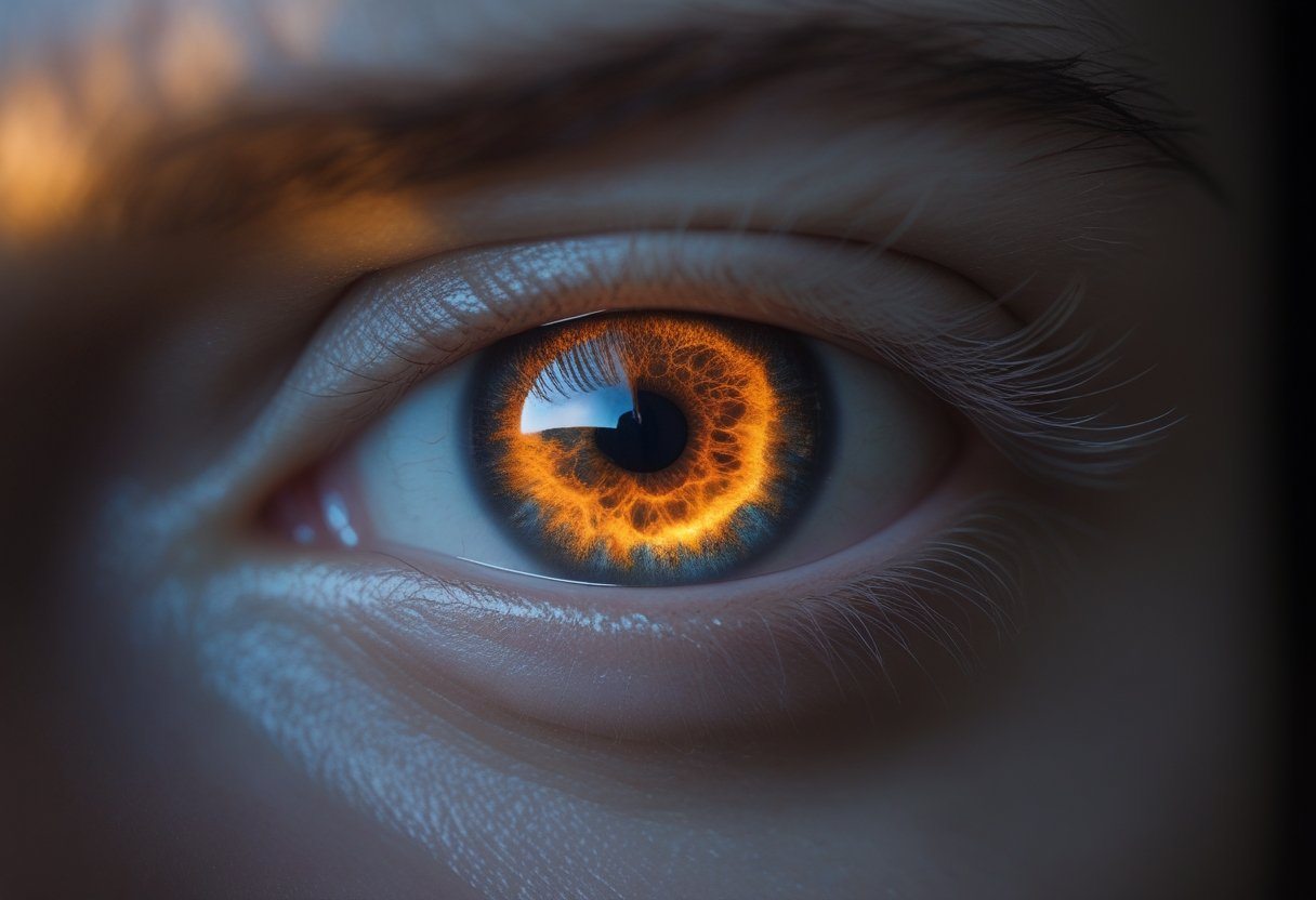 Close-up de um olho humano com olhar intenso e misterioso, com brilho âmbar e expressão enigmática.