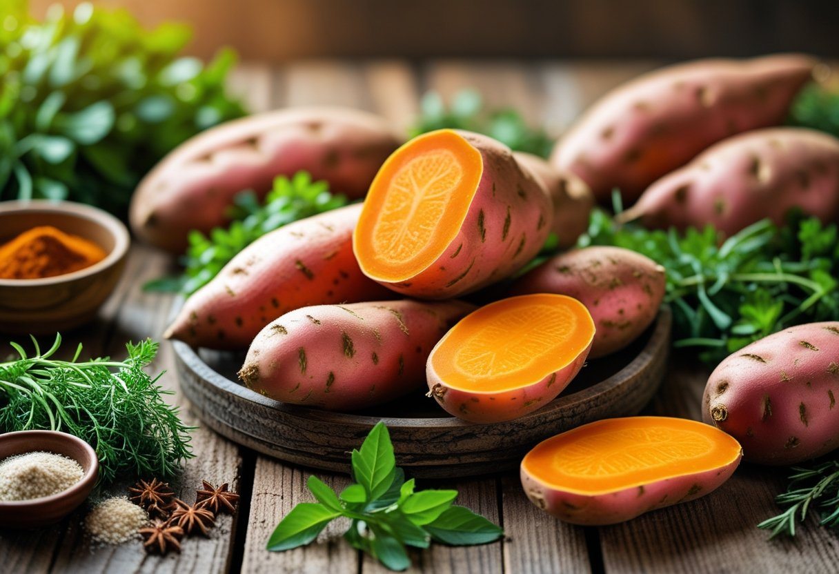 Batatas doces frescas inteiras e cortadas sobre uma mesa de madeira, com ervas verdes ao redor.