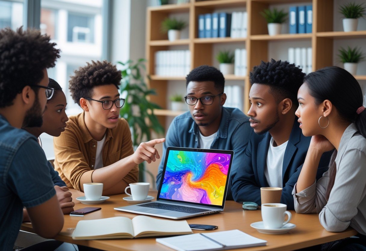 Grupo de jovens em uma sala de reunião discutindo atentamente em volta de uma mesa com laptop e cadernos.