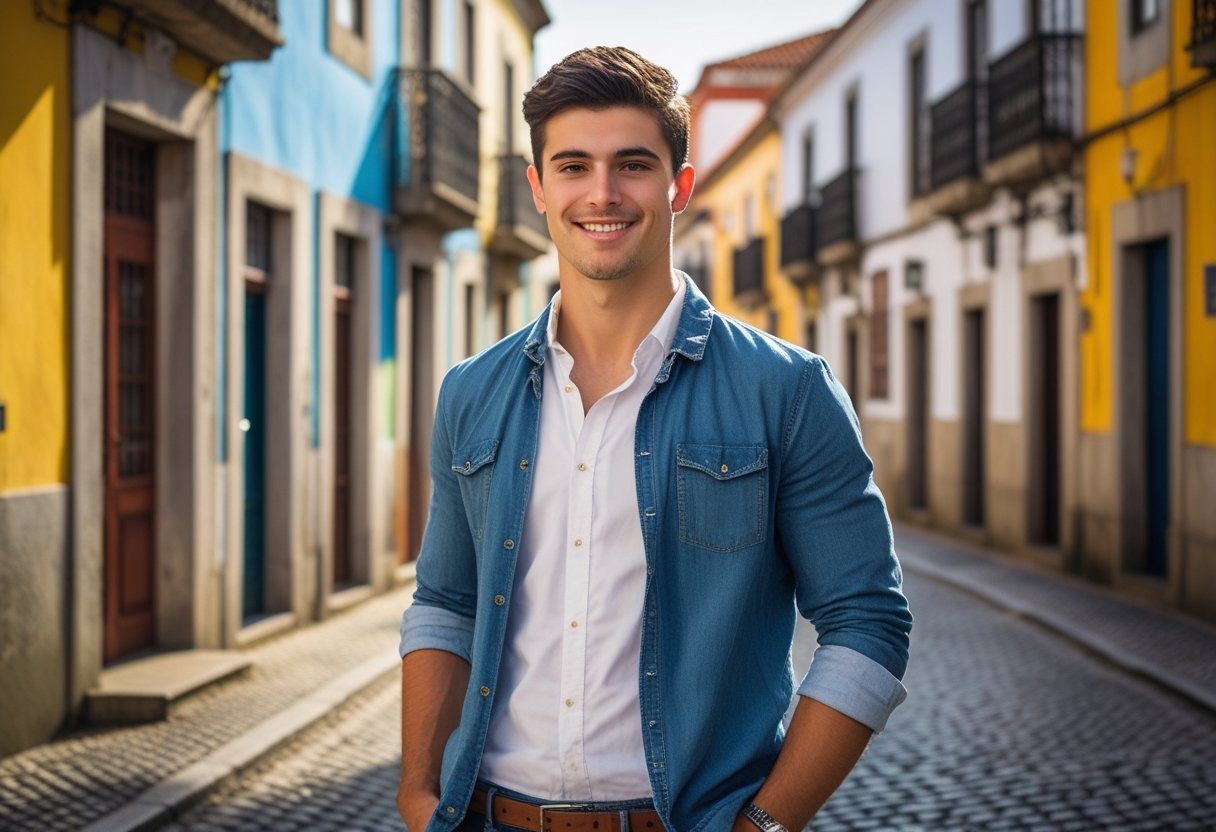 Um jovem português em uma rua tradicional de Portugal com prédios coloridos e calçamento de pedra, sorrindo de forma amigável.