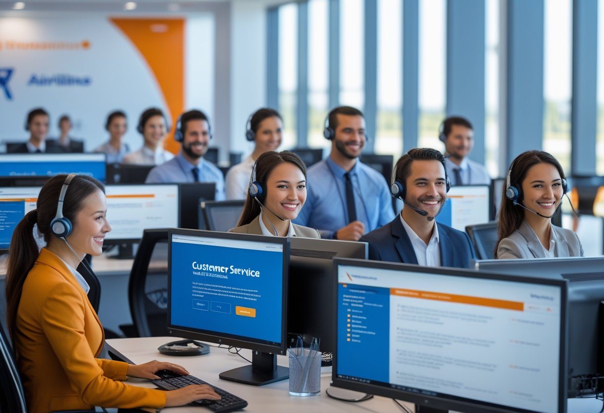 Centro de atendimento ao cliente com representantes usando headsets em um ambiente iluminado e moderno.