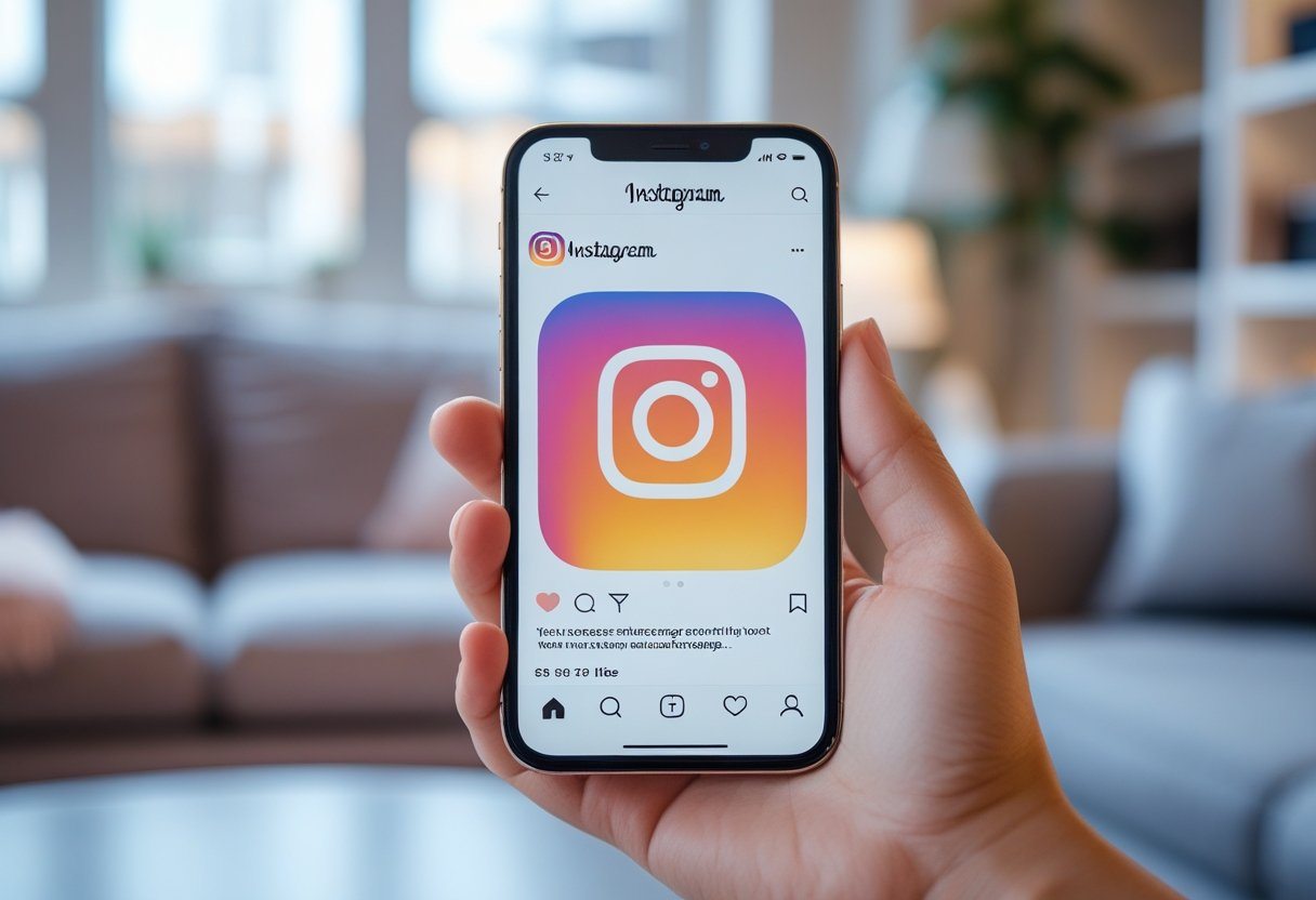 Pessoa segurando um smartphone com a tela do Instagram mostrando uma notificação de falha ao enviar mensagem, em um ambiente interno desfocado.