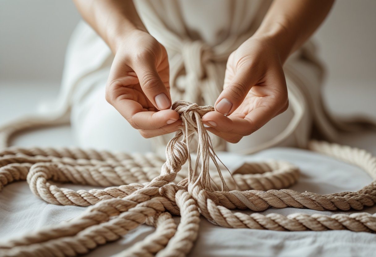 Mãos segurando uma corda que está se desfazendo, simbolizando o fim de uma amarração.