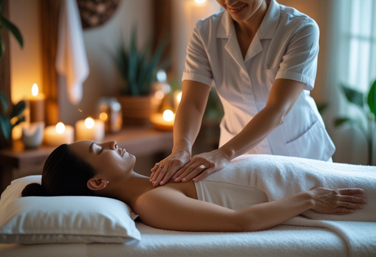 Um terapeuta realizando a finalização de uma massagem tântrica em um cliente relaxado em uma sala tranquila e acolhedora.
