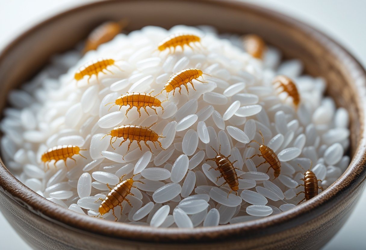 Tigela com arroz cru contendo pequenas larvas sobre os grãos.
