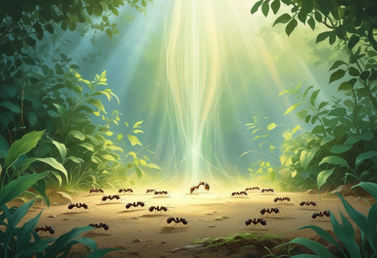 Colônia de formigas trabalhando juntas no chão de uma floresta, com uma luz espiritual suave conectando-as a um plano superior.