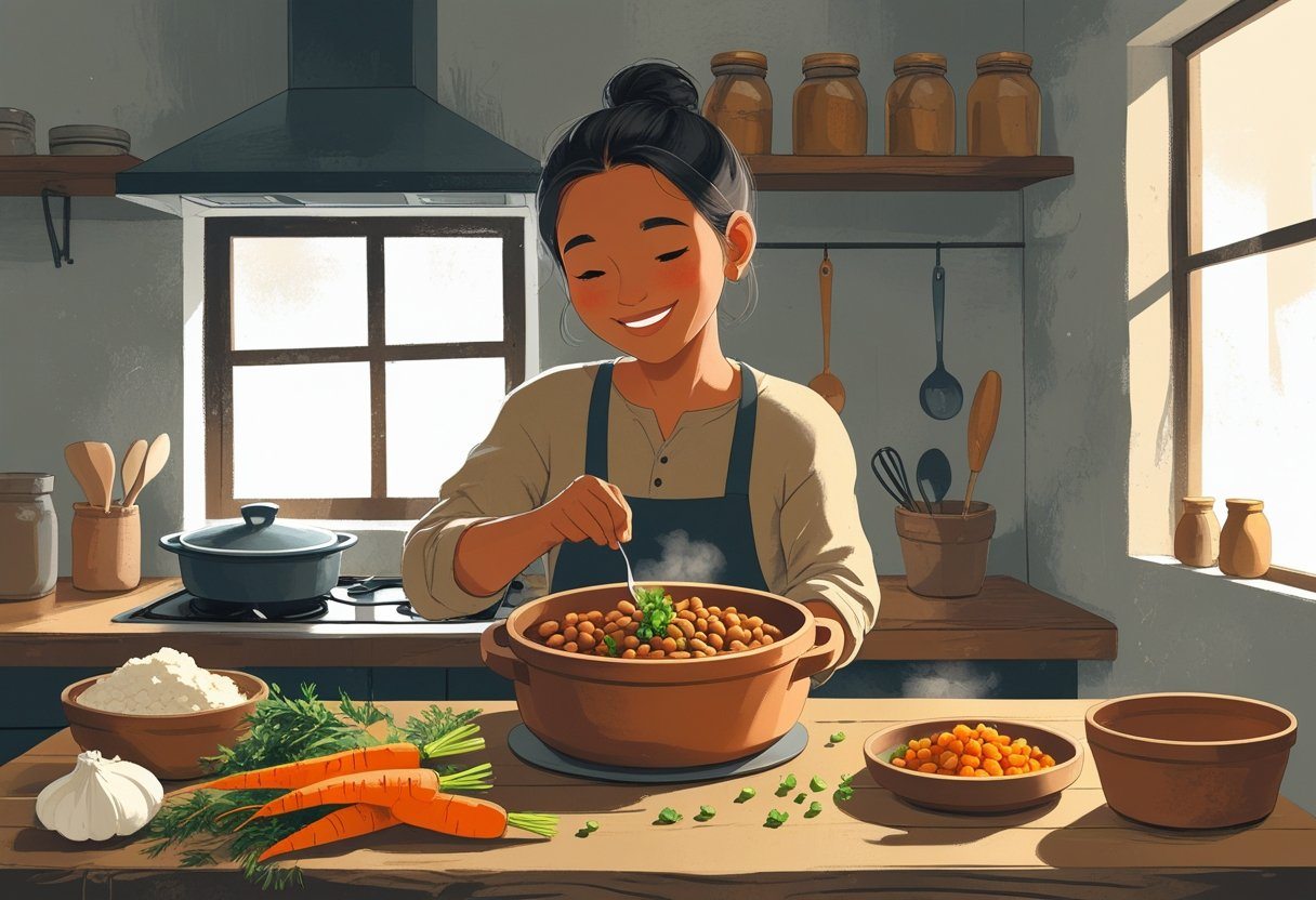 Pessoa preparando uma refeição simples e caseira em uma cozinha modesta, com ingredientes básicos e utensílios simples.