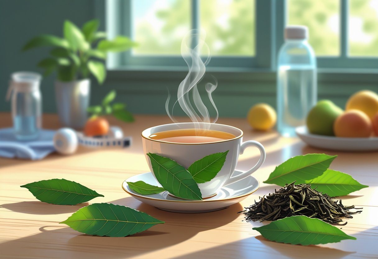 Uma xícara de chá de louro fumegante sobre uma mesa de madeira, cercada por folhas de louro frescas e secas, com frutas e uma fita métrica ao fundo.