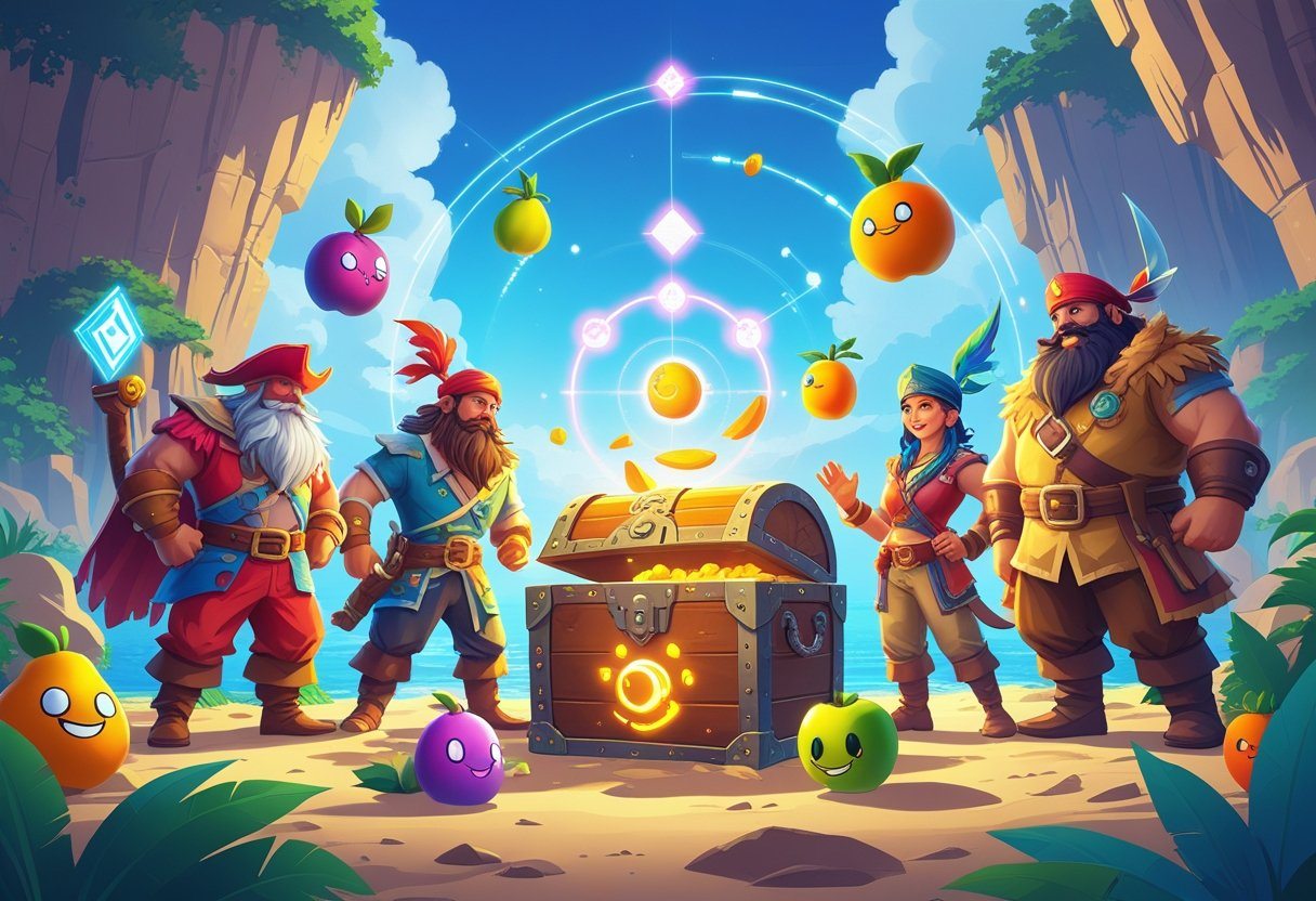 Personagens aventureiros ao redor de um baú do tesouro mágico em uma ilha misteriosa com frutas brilhantes flutuando ao redor.