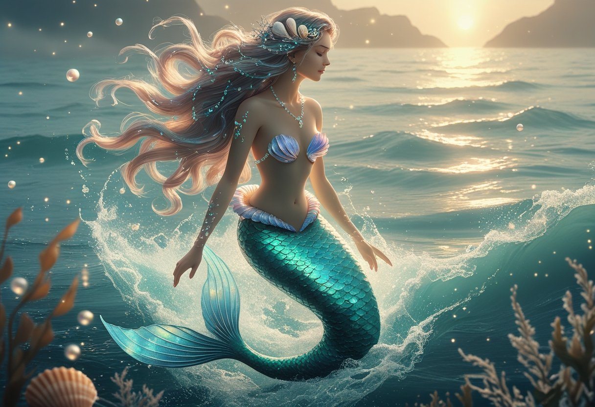 Uma sereia emergindo do mar ao amanhecer, cercada por água brilhante e elementos marinhos, transmitindo uma sensação de transformação e conexão com o oceano.
