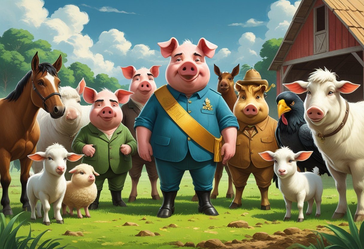 Grupo de animais da fazenda reunidos, incluindo porcos, cavalo, corvo, cabra e outros, em uma fazenda com celeiro ao fundo.