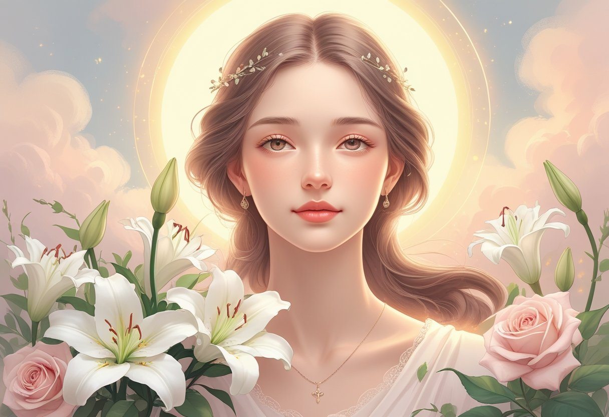 Ilustração de uma jovem mulher serena cercada por flores brancas e um céu calmo ao fundo.