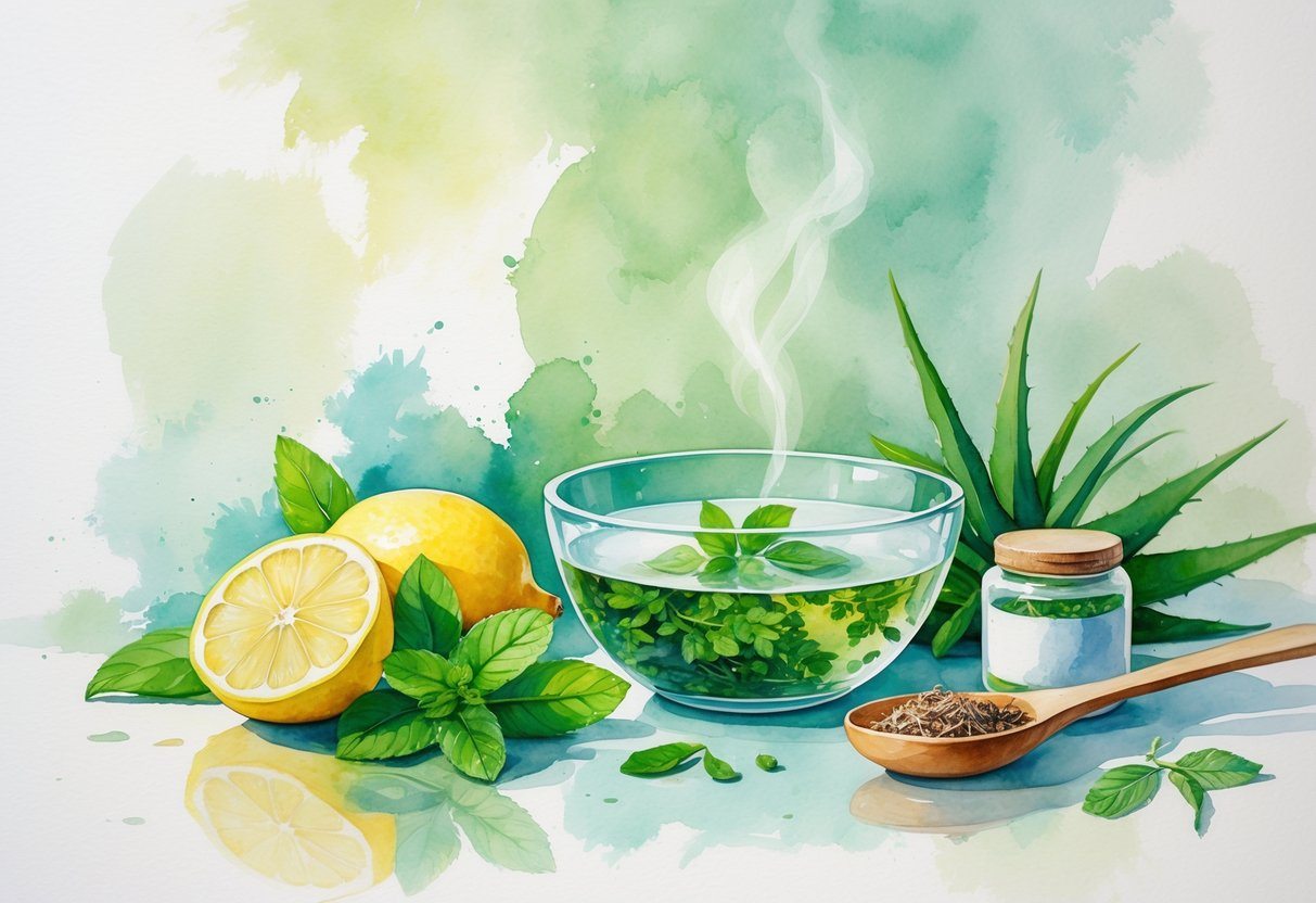 Ingredientes naturais como limão, hortelã e babosa dispostos ao lado de um pote com mistura caseira para tratamento das axilas.