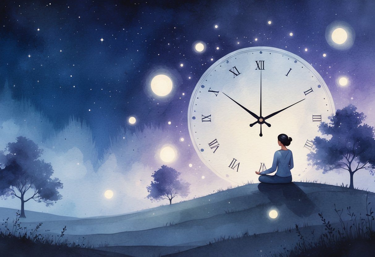 Pessoa meditando em uma colina à noite, com um céu estrelado e luzes suaves ao redor, transmitindo uma atmosfera tranquila e espiritual às 3 horas da manhã.