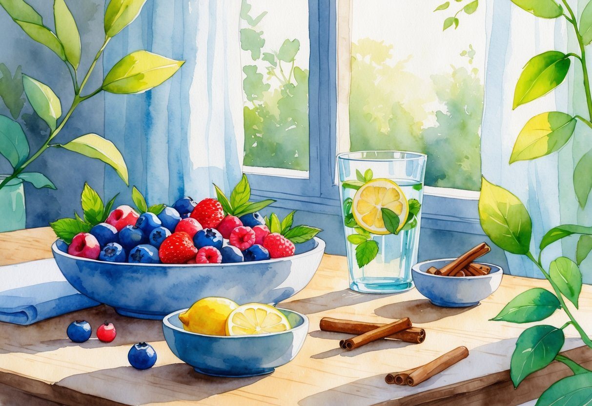 Mesa com frutas vermelhas, um copo de água com limão e hortelã, e paus de canela em um ambiente iluminado e tranquilo.