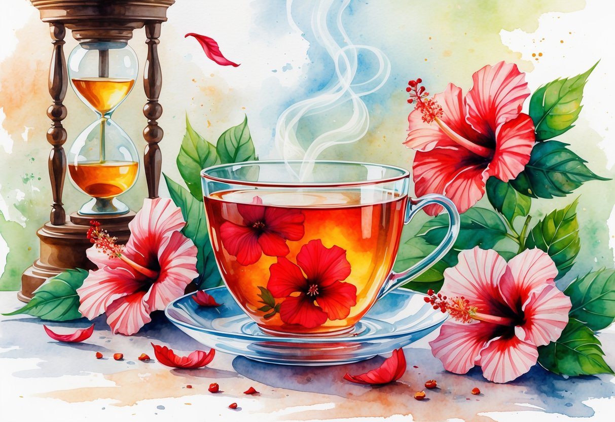 Uma xícara de chá de hibisco vermelho com flores ao redor e um relógio desfocado ao fundo, simbolizando o tempo.