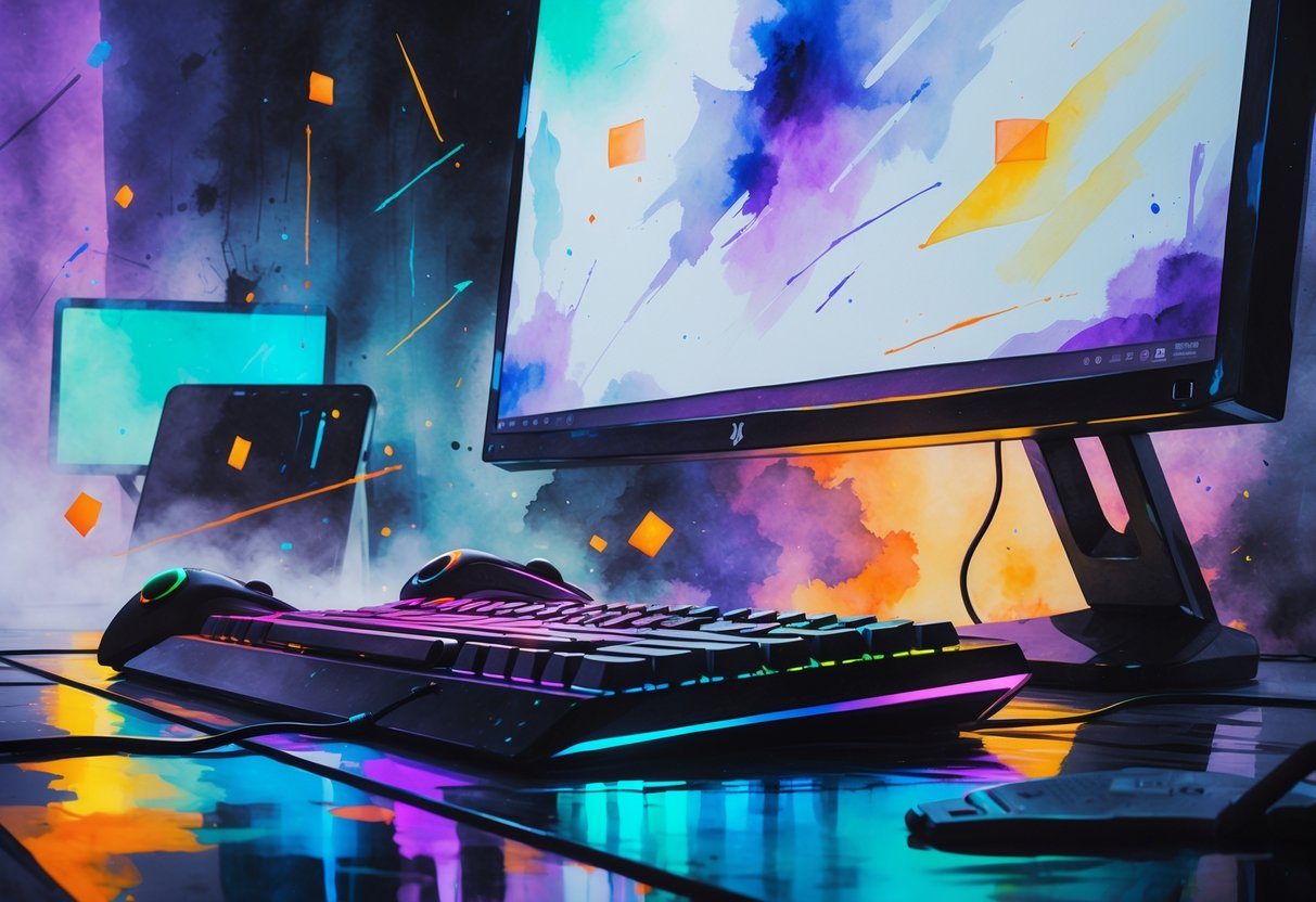 Cena próxima de um setup moderno de computador para jogos com luzes coloridas e uma tela digital ao fundo mostrando formas abstratas que sugerem movimento.