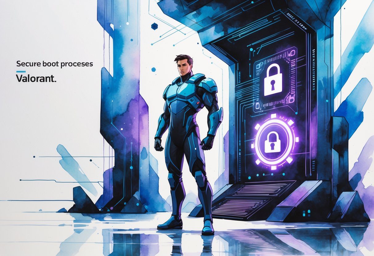 Figura futurista protegida em um ambiente tecnológico com circuitos brilhantes e elementos digitais ao redor.