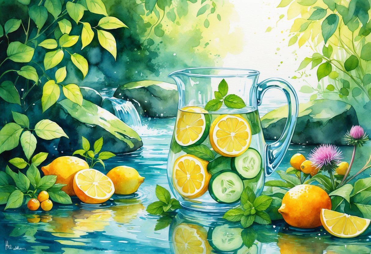Uma jarra de água com fatias de limão, pepino e hortelã, cercada por frutas e ervas, com um riacho ao fundo sob luz suave.