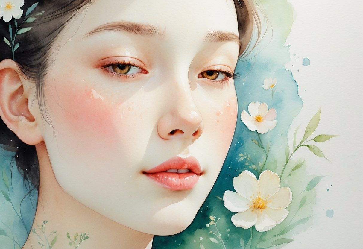 Rosto de uma pessoa com pele clara e radiante, rodeado por elementos florais suaves e cores pastel.