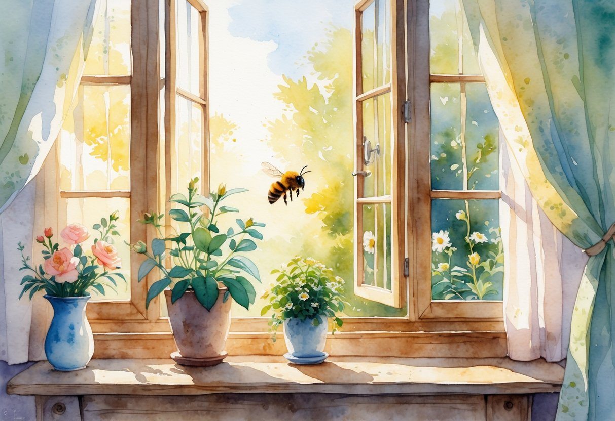 Interior de uma casa aconchegante com uma janela aberta, uma abelha voando perto de uma planta em um parapeito, com luz suave entrando pela janela.