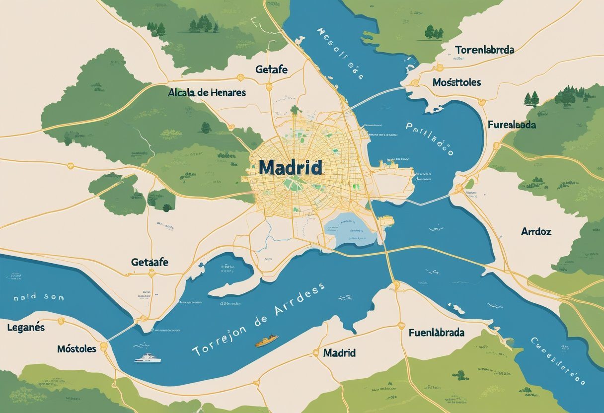 Mapa mostrando várias cidades próximas a Madrid com conexões entre elas e características geográficas ao redor.