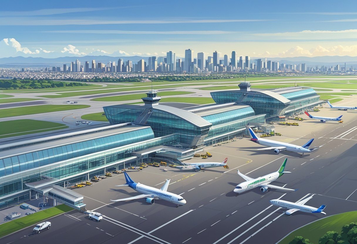 Vista dos principais aeroportos de Buenos Aires com terminais, aviões, pista de pouso e a cidade ao fundo.