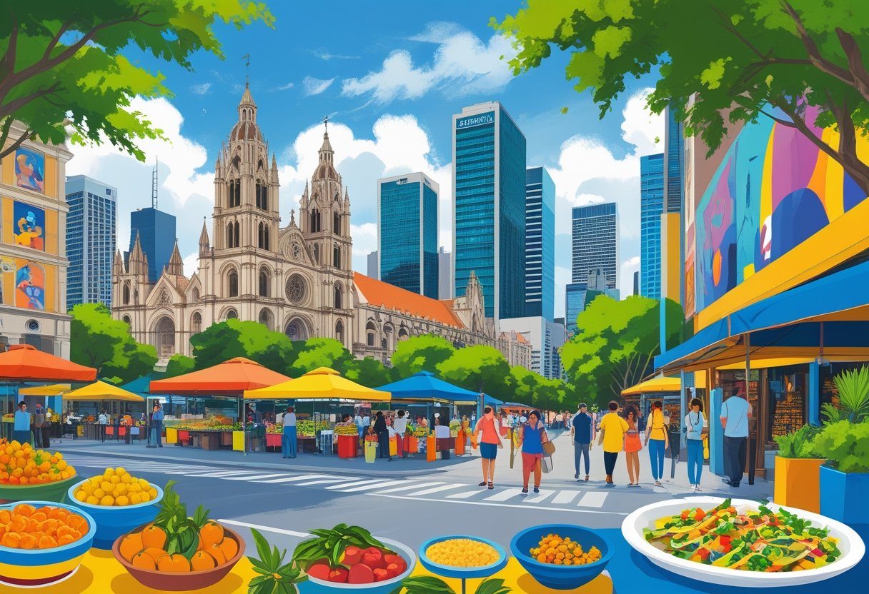 Cena mostrando pontos turísticos e atividades em São Paulo, incluindo a Catedral da Sé, Avenida Paulista, Museu de Arte de São Paulo, parque Ibirapuera e pessoas aproveitando comidas típicas.