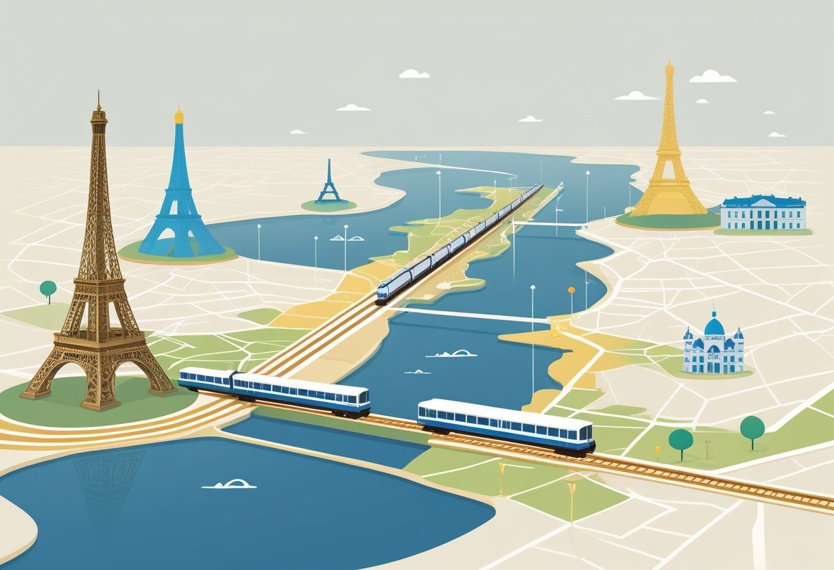 Mapa mostrando a rota de Paris até Versailles com um trem em movimento entre os dois locais e ícones dos pontos turísticos principais.