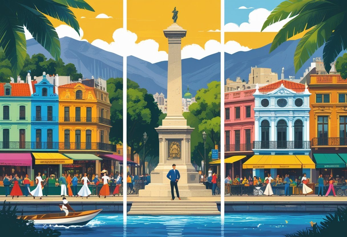 Ilustração mostrando três dias em Buenos Aires com pontos turísticos como La Boca, Obelisco, Recoleta, Palermo, passeio de barco, estádio de futebol e vida noturna em San Telmo.