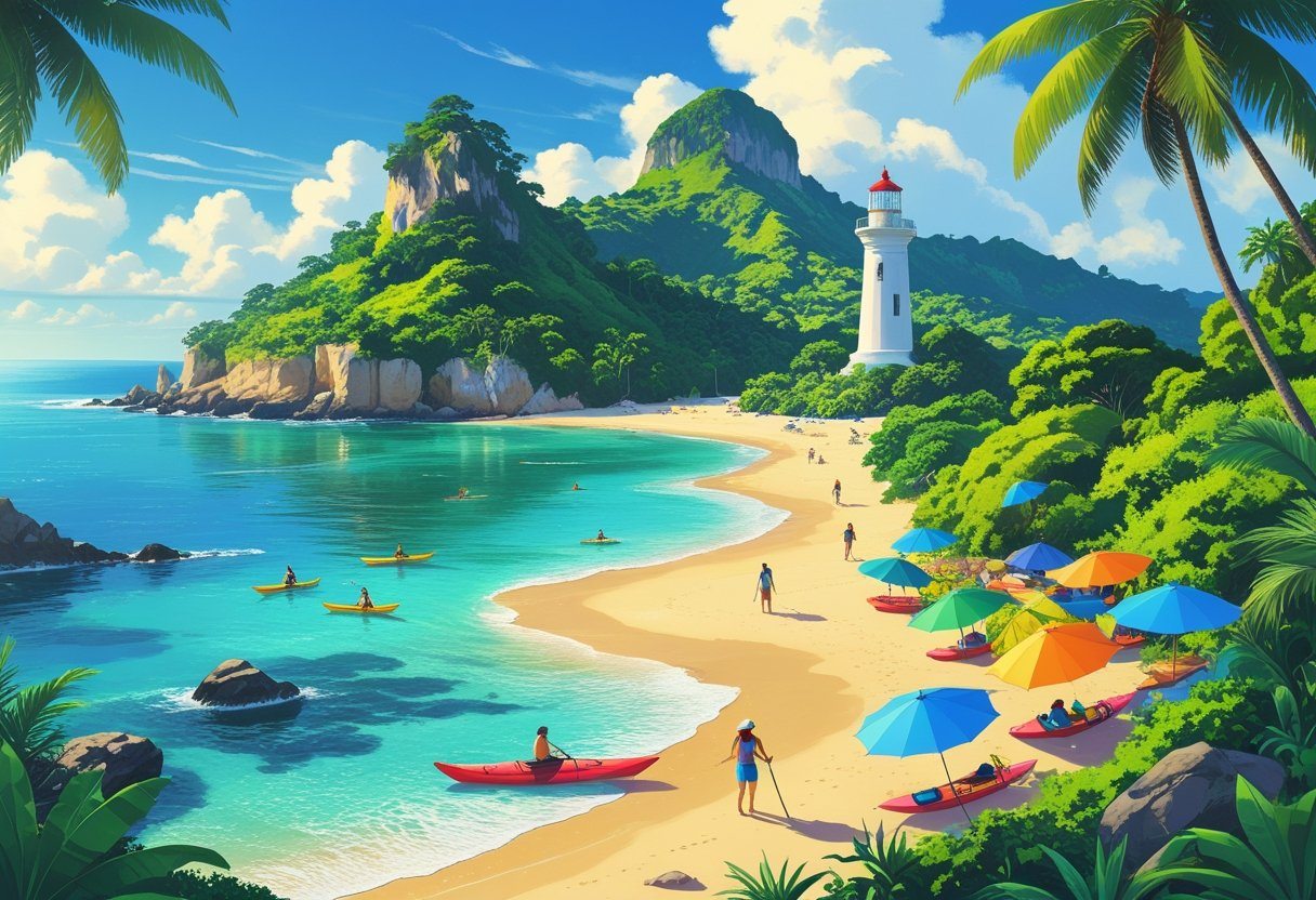 Praia da Ilha do Mel com pessoas caminhando, explorando o farol, andando de caiaque e descansando sob guarda-sóis, cercada por vegetação e formações rochosas.