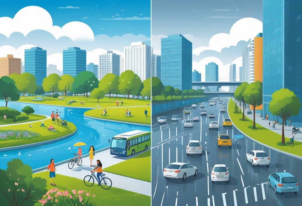 Ilustração mostrando as vantagens e desvantagens de morar em Curitiba, com um lado representando parques limpos, transporte público moderno e céu azul, e o outro lado mostrando chuva, trânsito congestionado e obras na cidade.