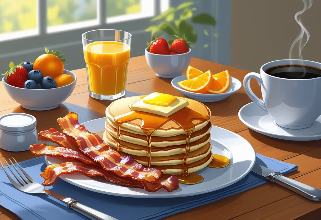 Mesa com café da manhã americano tradicional, incluindo ovos mexidos, bacon, panquecas com manteiga e xarope, frutas frescas, suco de laranja e café.