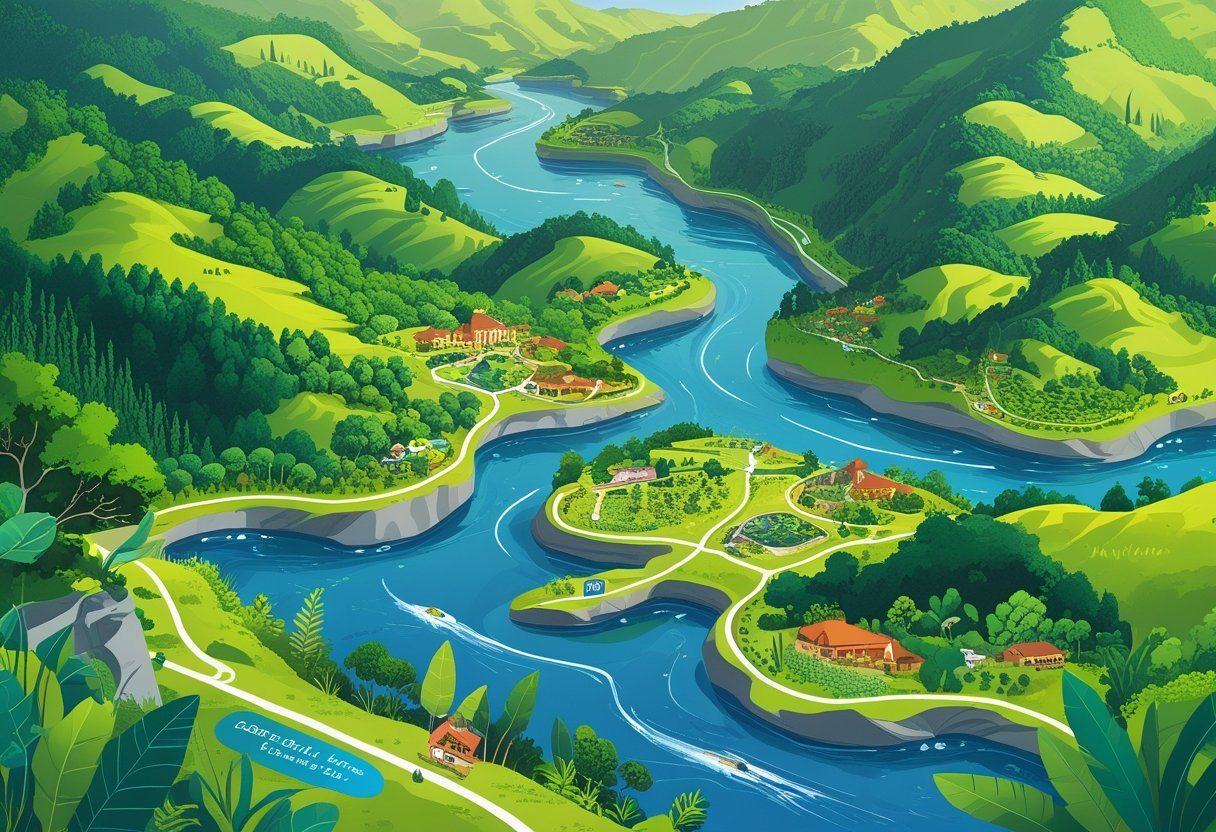 Mapa ilustrado mostrando paisagens naturais e pontos turísticos próximos a Curitiba, com montanhas, florestas, rios e pequenas cidades.