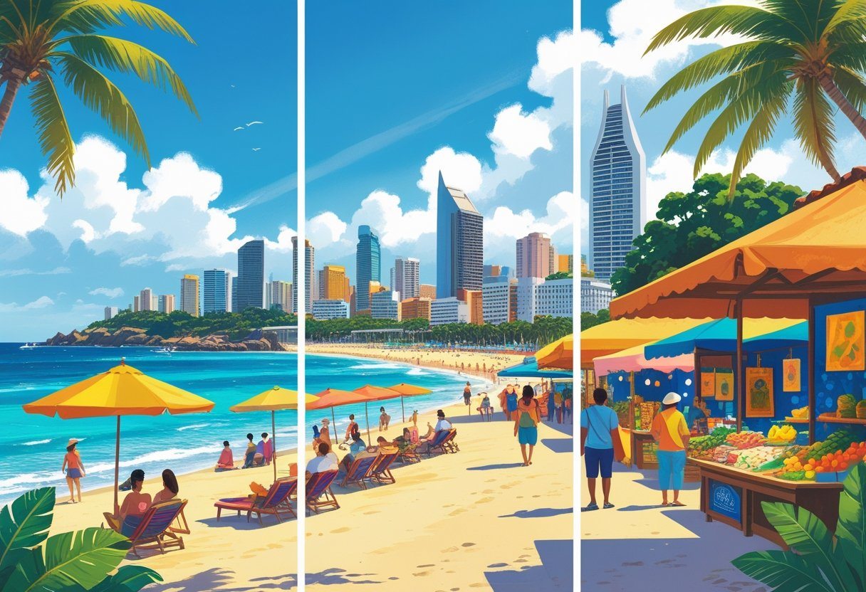 Cena dividida em três partes mostrando praia com pessoas, pontos culturais e mercado ao ar livre em Fortaleza.