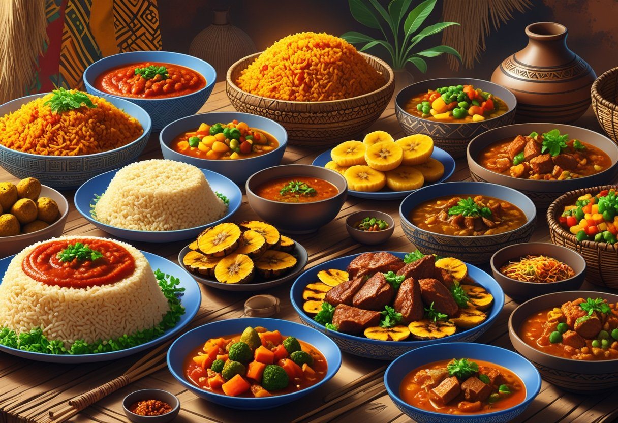 Uma mesa com uma variedade de pratos tradicionais de origem africana, incluindo arroz jollof, fufu, banana-da-terra grelhada e ensopados coloridos, dispostos com utensílios e elementos culturais africanos ao redor.