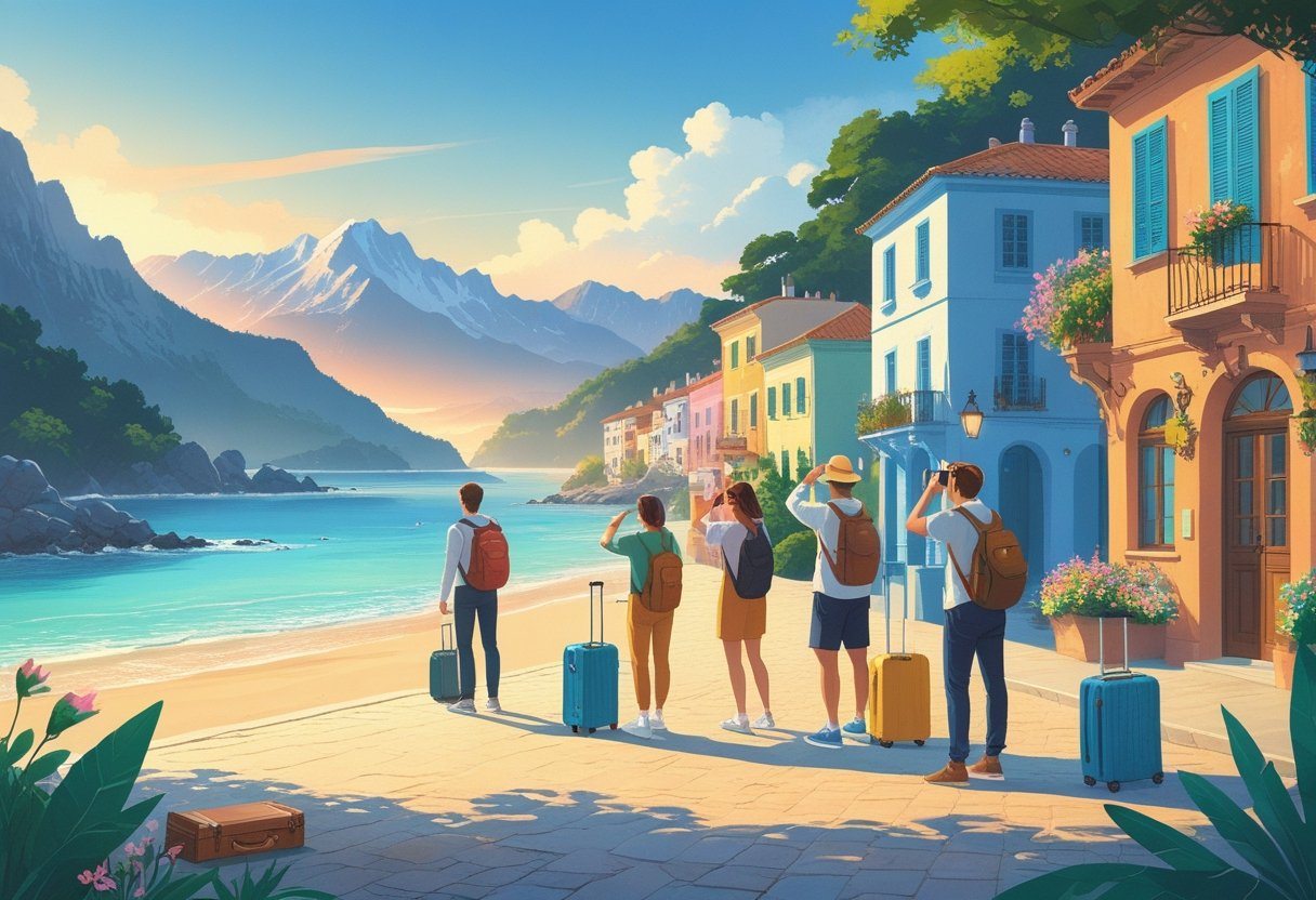 Cena com pessoas viajando em uma montanha ao nascer do sol, uma praia tranquila e uma rua de paralelepípedos com prédios coloridos.