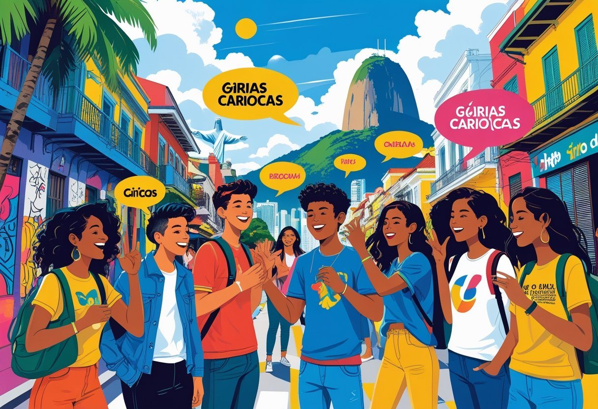 Cena de rua animada no Rio de Janeiro com jovens conversando e paisagem com o Cristo Redentor e o Pão de Açúcar ao fundo.