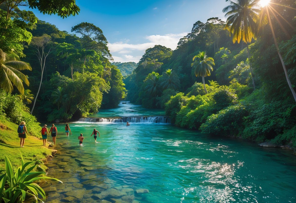 Paisagem natural em Lumiar com rio cristalino, árvores verdes e pessoas aproveitando atividades ao ar livre.