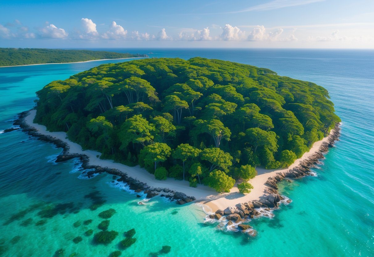 Vista aérea da Ilha do Cedro com árvores de cedro verdes cercada por águas turquesa cristalinas e céu azul claro.