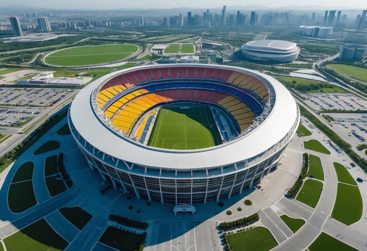 Vista aérea do maior estádio do mundo em um dia ensolarado, mostrando sua grande estrutura oval e áreas ao redor.