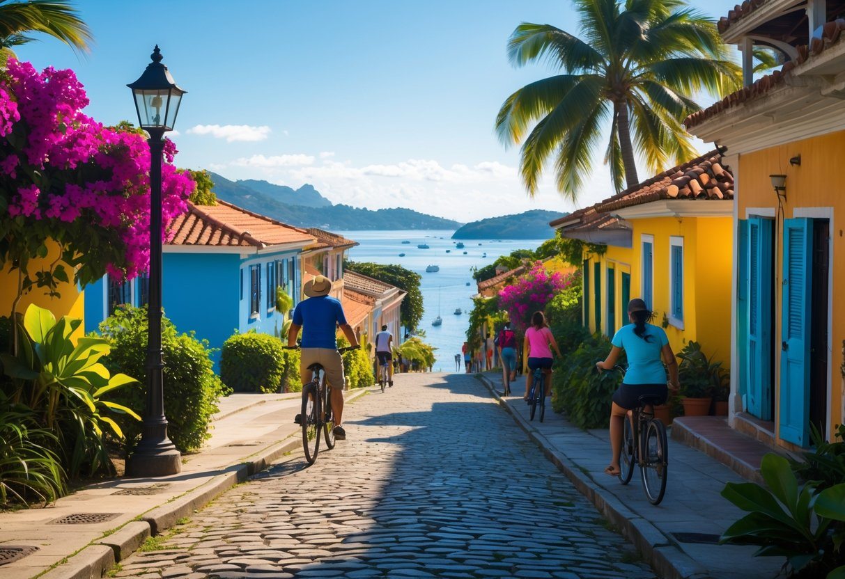 Rua tranquila em Paquetá com casas coloridas, pessoas caminhando e bicicletas, vegetação tropical e barcos no mar ao fundo.