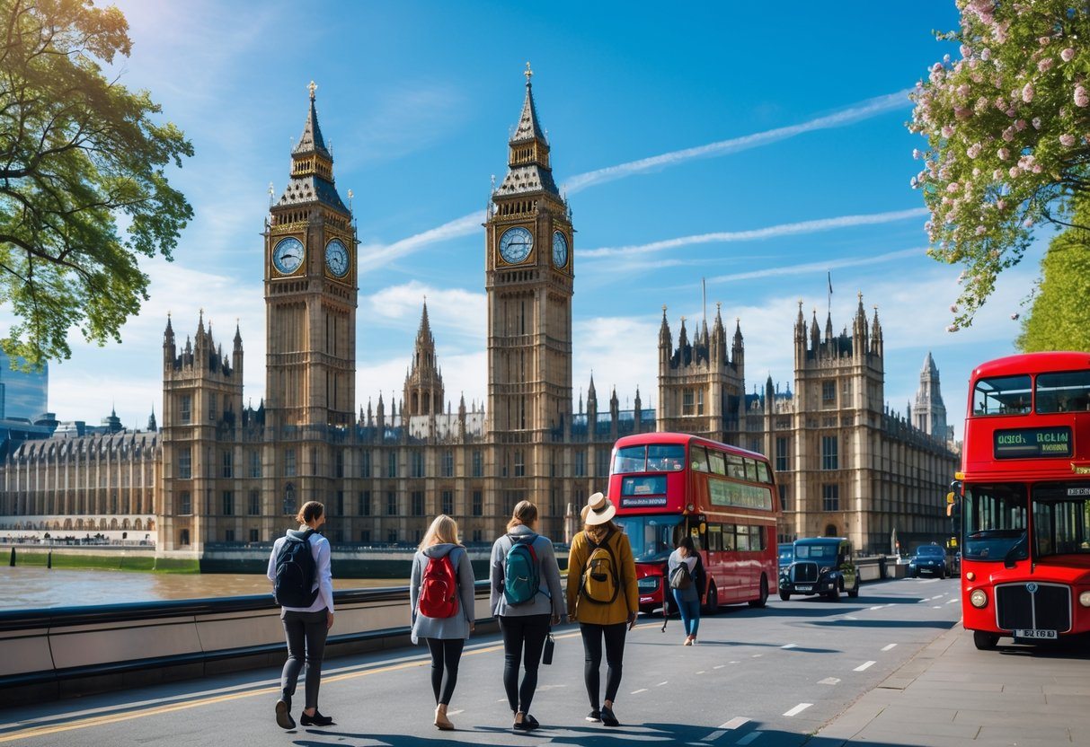 Vista da cidade de Londres com o Big Ben, ônibus vermelho de dois andares, pessoas caminhando à beira do rio e edifícios históricos ao fundo.