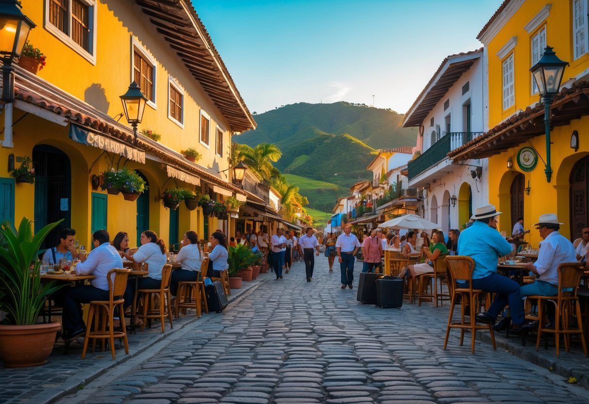 Rua movimentada em Conservatória com pessoas aproveitando cafés ao ar livre e músicos tocando serenata, com prédios coloridos e colinas ao fundo.