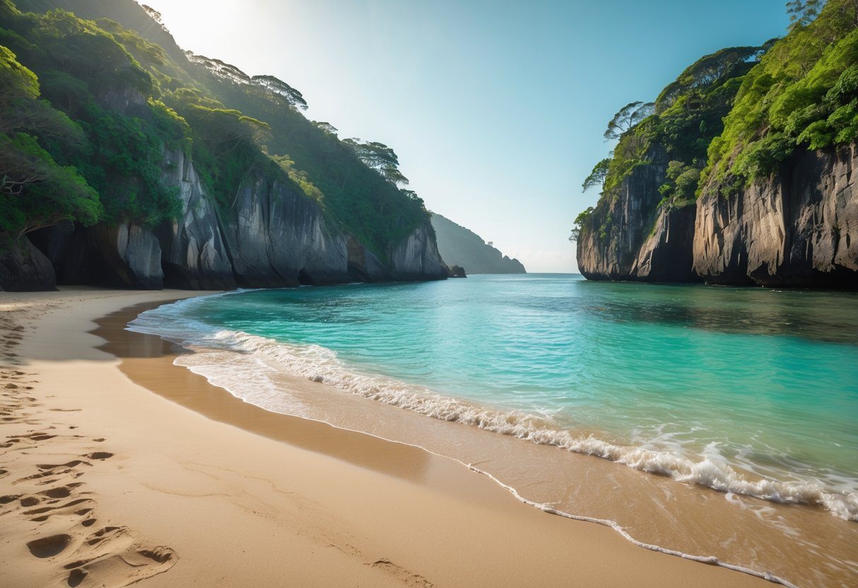 Praia do Secreto no Rio de Janeiro, com areia dourada, água cristalina, formações rochosas e vegetação verde ao redor.