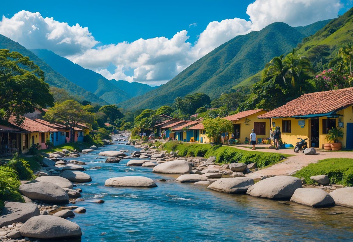 Paisagem natural com montanhas verdes, rio cristalino e casas rústicas em Aiuruoca, com pessoas caminhando e aproveitando o ambiente ao ar livre.